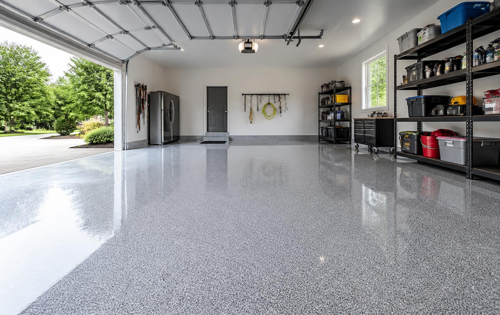 Two-car garage with a gray decorative flake epoxy floor coating